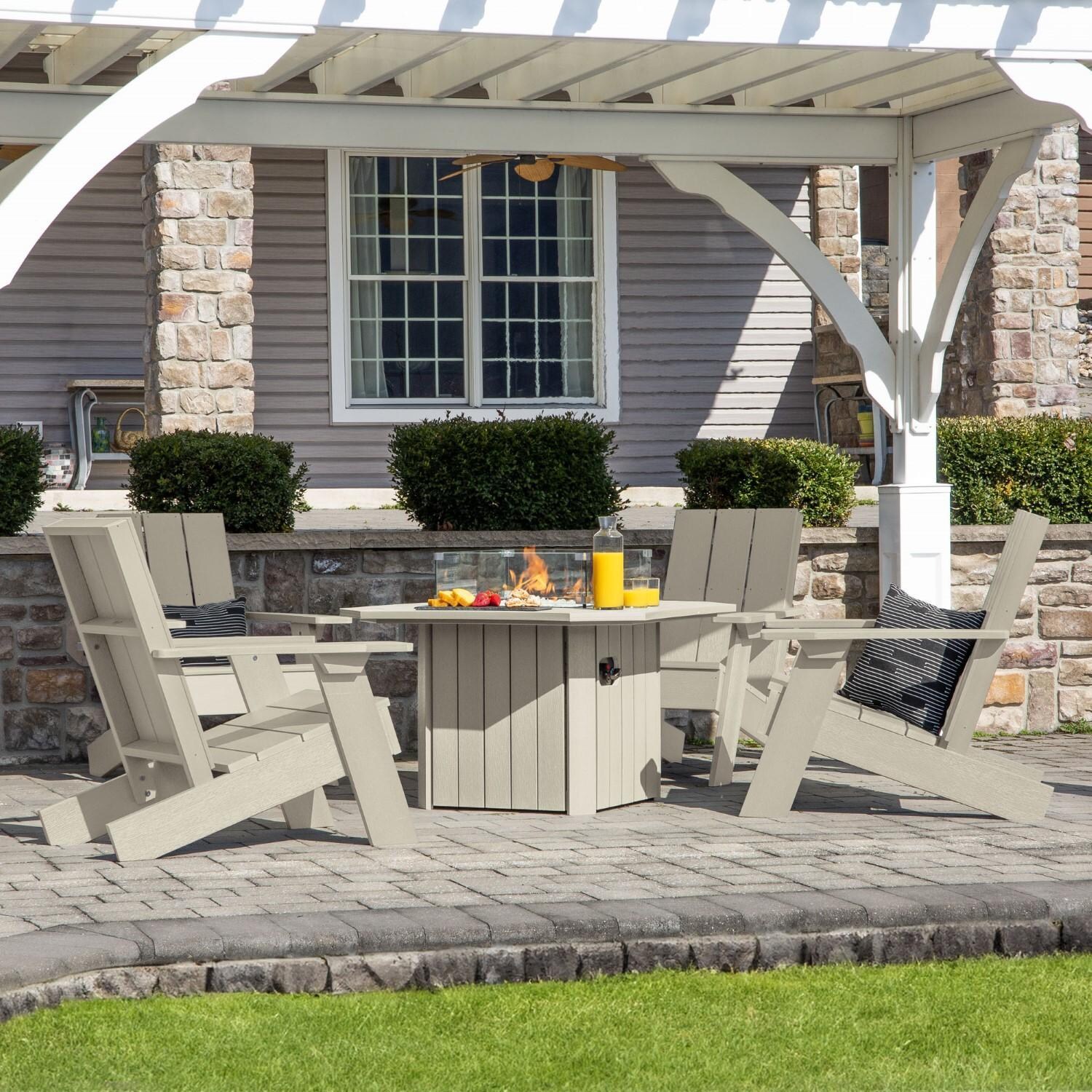 Harborview 5 Pc Adirondack Set W/ Fire Pit Table in Whitewash by Lakeview Outdoor Designs - Side View - Lifestyle thumbnail