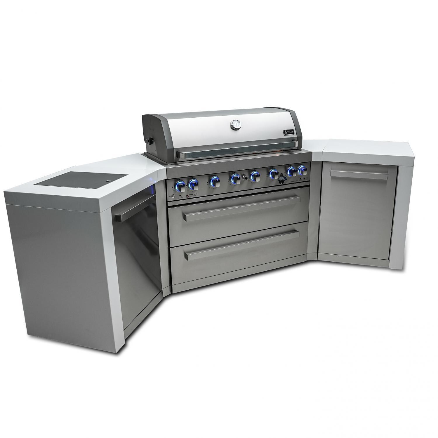 Mont Alpi MAi805-D45 Deluxe 45 Degree Natural Gas Island Grill - Angled Right - Grill Closed - White Background thumbnail