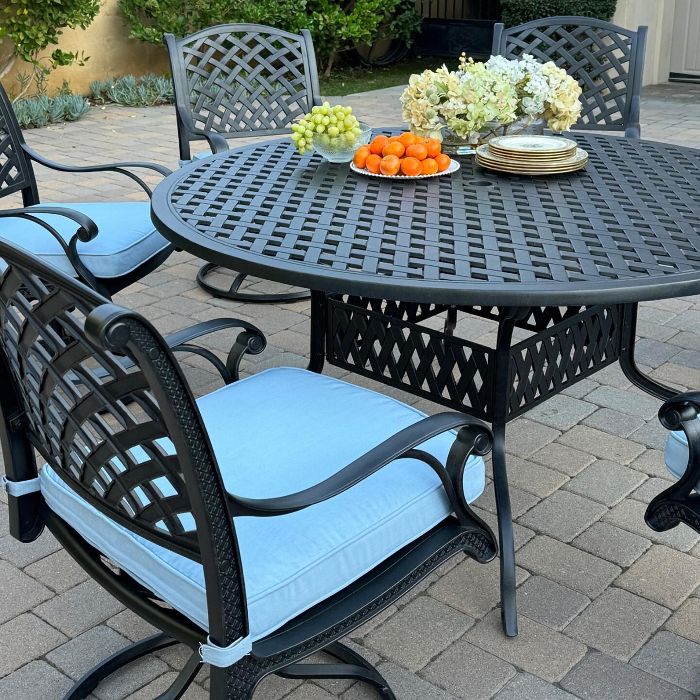 Darlee B/DL13-7PCAR-30D-B Nassau 7 Pc Cast Aluminum Dining Set w/ Rocker in Antique Bronze w/ Blue Cushions - Set Up Close - Lifestyle thumbnail
