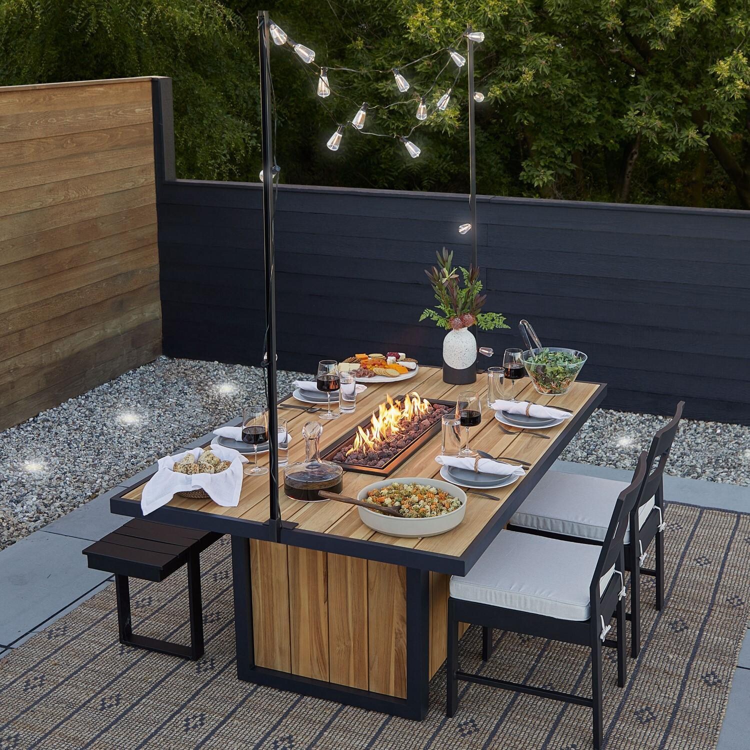 73 Inch Rectangular Teak Propane Fire Pit Table by Lakeview - Table in Use - Lifestyle thumbnail