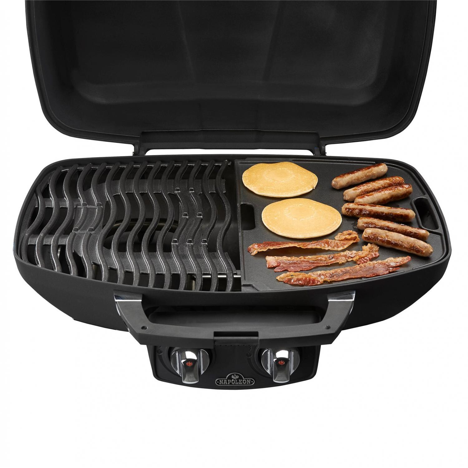 Napoleon TravelQ 285 Portable Propane Gas Grill With Griddle - Red - TQ285-RD-A - Griddle With Food thumbnail