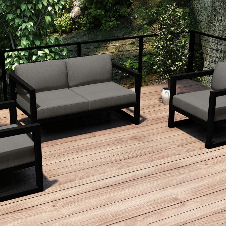 Lakeview MSTYCV-BK-3LSS-CC Misty Cove 3 Pc Aluminum Seating Set in Black w/Loveseat & Canvas Charcoal Cushions by Lakeview Outdoor Designs - Set Outside Cropped - Lifestyle thumbnail