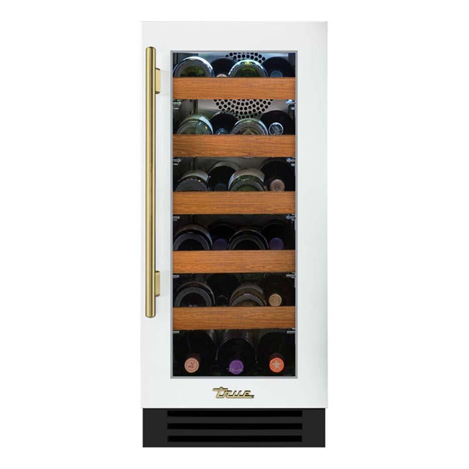 True TWC-15-R-OG-C~DSK-030-H01 15 Inch 23 Bottle Right Hinge Glass Door Outdoor Wine Cabinet - Matte White w/ Brass Handle - White Background thumbnail
