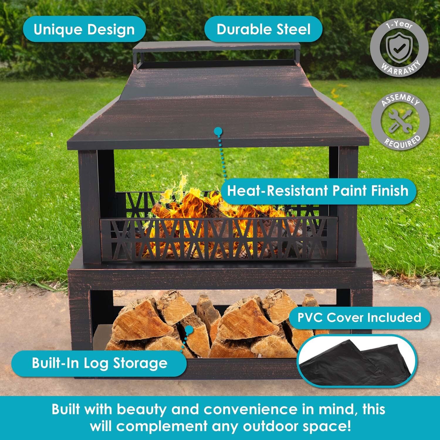 32 Inch Rectangular Steel Wood Burning Fireplace w/ Wood Storage in Bronze By Ultimate Patio - Detail thumbnail