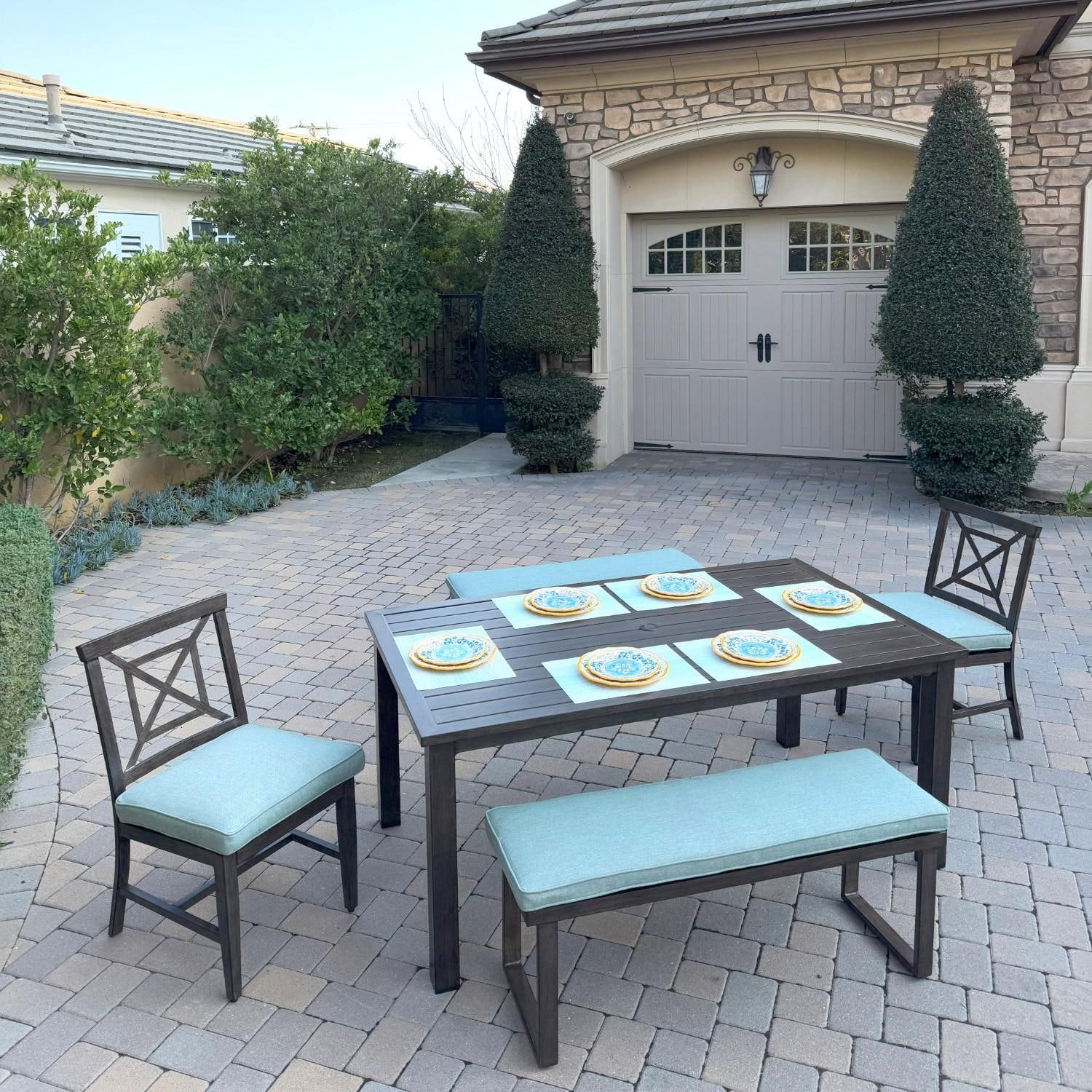 Darlee Atlantis 5 Pc Aluminum Dining Set w/ 2 Dining Side Chairs & 2 Two Person Benches in Walnut/Spa by - B/2358-5PCBD-RE-Spa