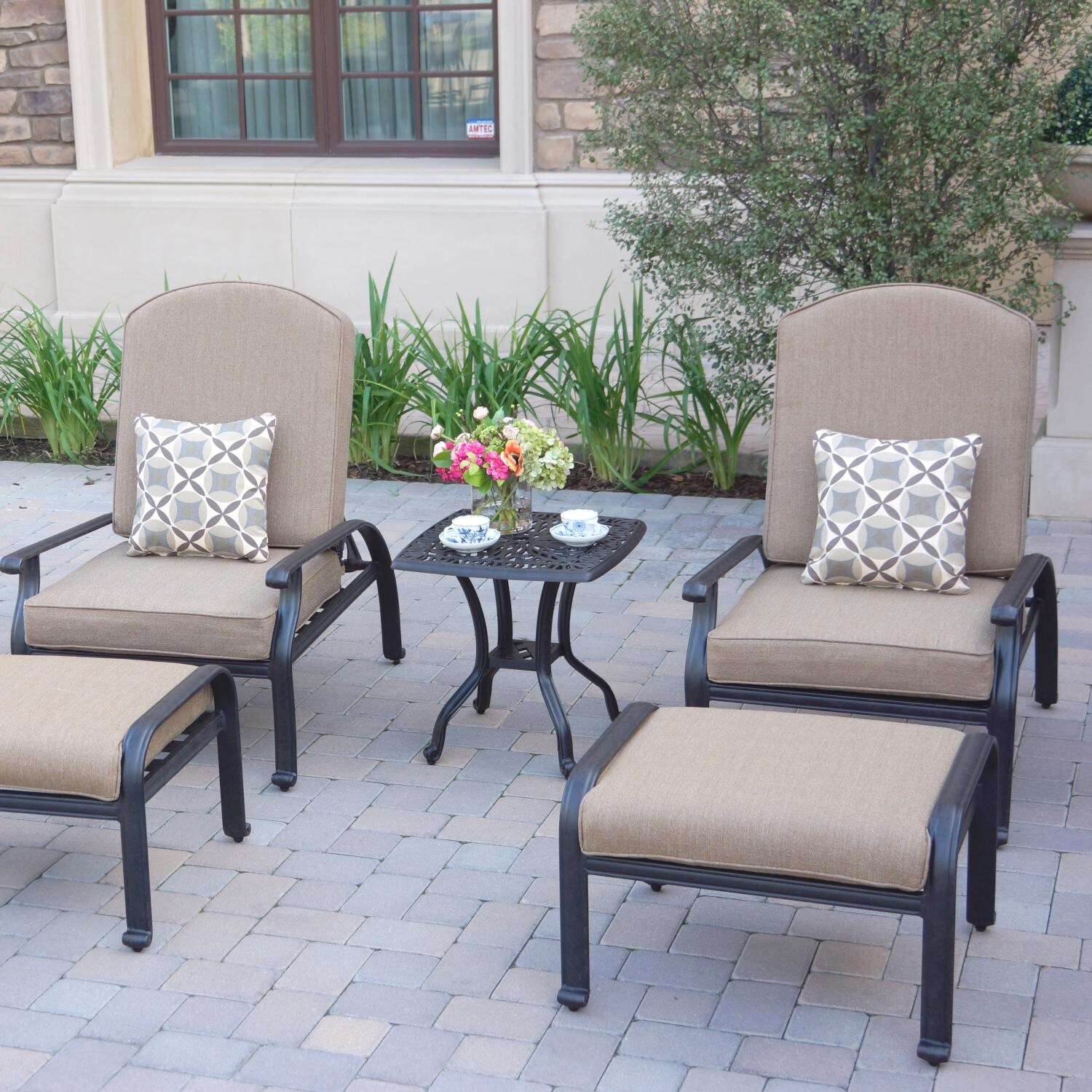 Darlee DL709-5PC-707SP Elisabeth 5 Piece Cast Aluminum Patio Conversation Set W/ Reclining Club Chairs & Sesame Cushions thumbnail