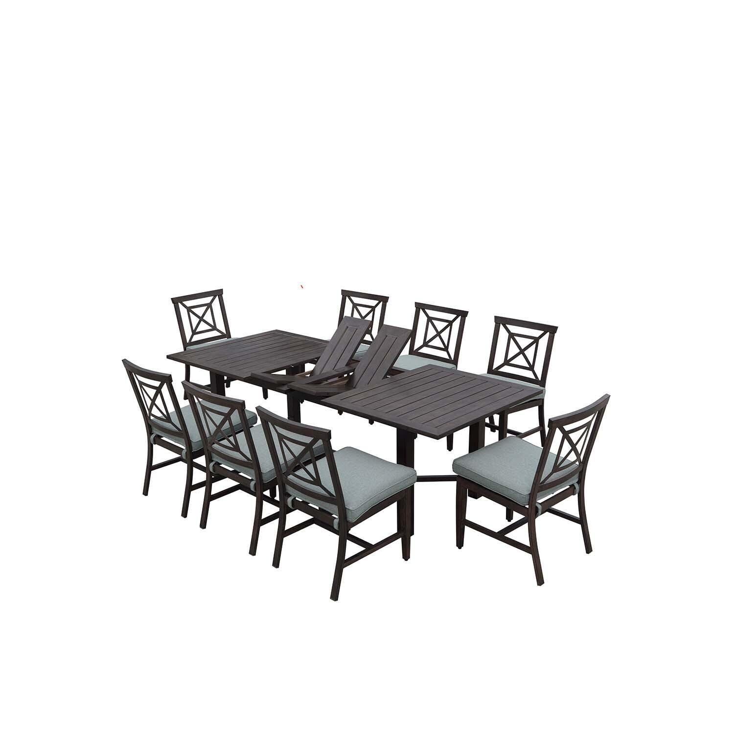 Atlantis 9 Pc Aluminum Dining Set w/ 91 Inch Table and Spa Cushions in Walnut By Darlee - Table Extension w/Chairs - White Background thumbnail