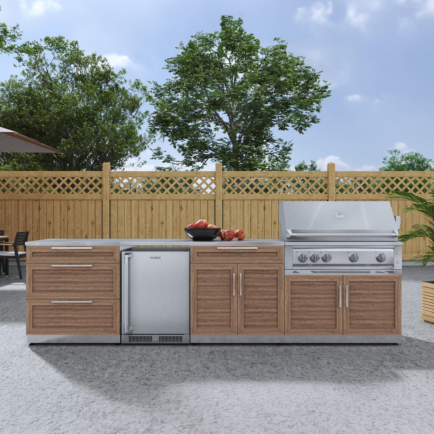 NewAge Products 67903 Classic Series 10 1/2 Ft Outdoor Kitchen Island w/ 40-in Natural Gas Grill, Refrigerator, Trash Bin, Door & Drawer in Grove/Stainless Steel - On Patio - Lifestyle thumbnail