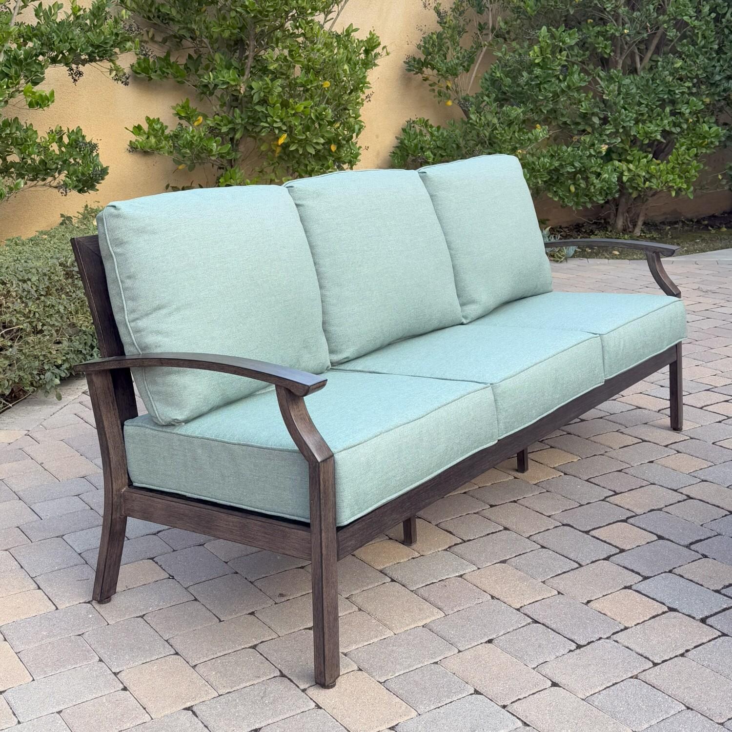 Atlantis 6 Pc Aluminum Fire Pit Seating Set w/ 2 Swivel Rocker Club Chairs, 2 Ottomans & Sofa in Walnut/Spa by Darlee - Sofa Angled - Lifestyle thumbnail