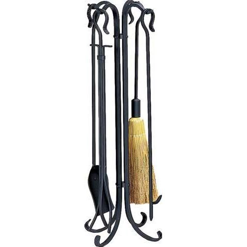UniFlame 5-Piece Black Wrought Iron Fireplace Tool Set With Crook Handles - F-1128