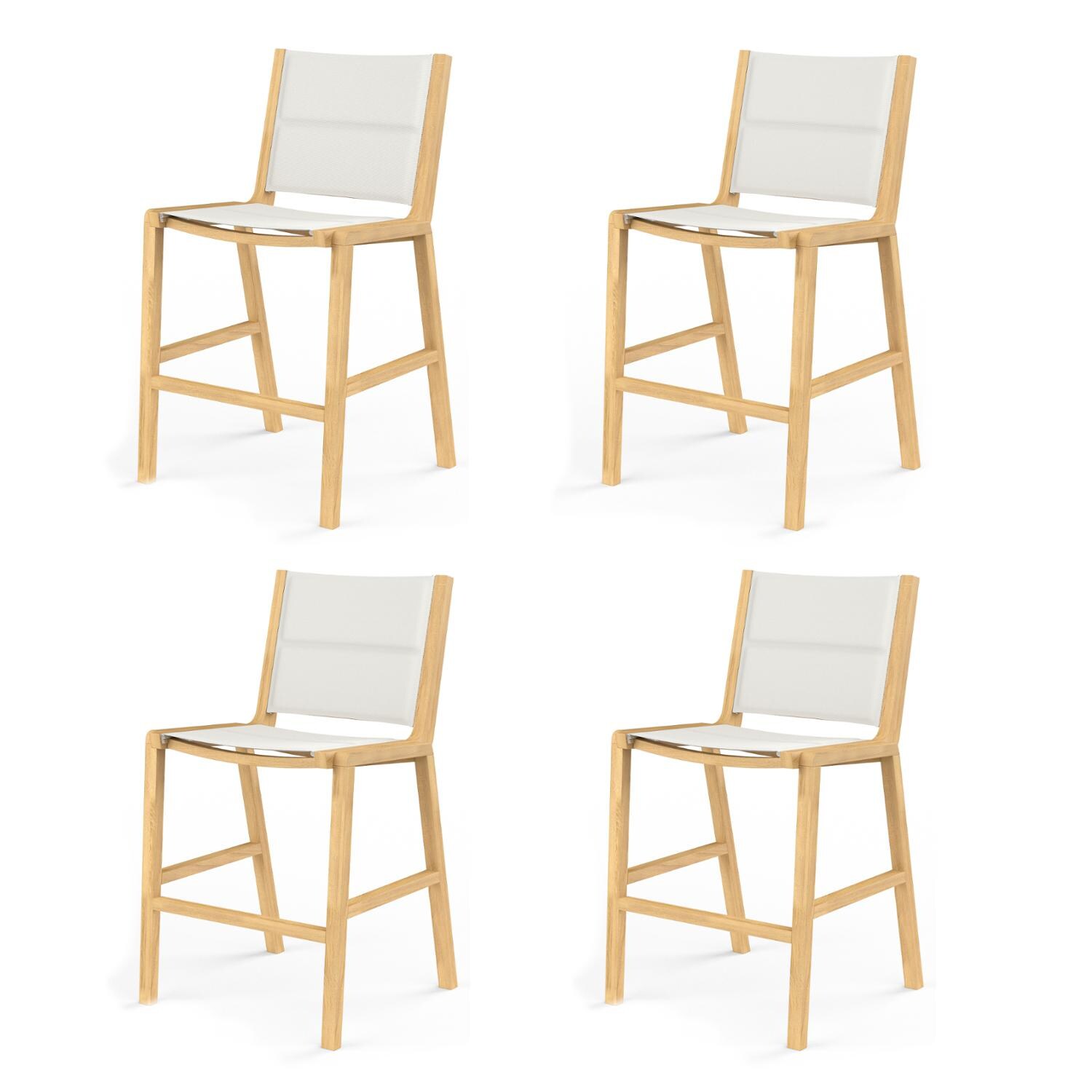 Sunset West Huntington 4 Piece Teak Armless Patio Sling Bar Stool Set W/ Padded Phifertex Frost Slings image