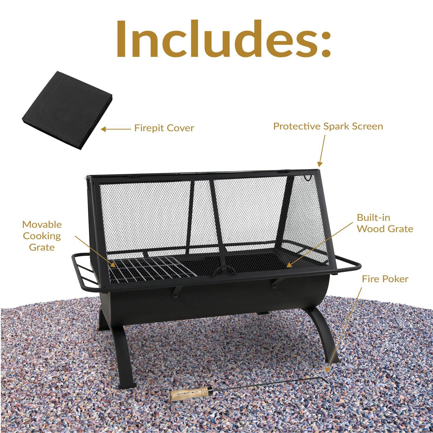 Ultimate Patio NB-NW201 36 Inch Rectangular Steel Wood-Burning Fire Pit in Black - Included Accessories - White Background thumbnail
