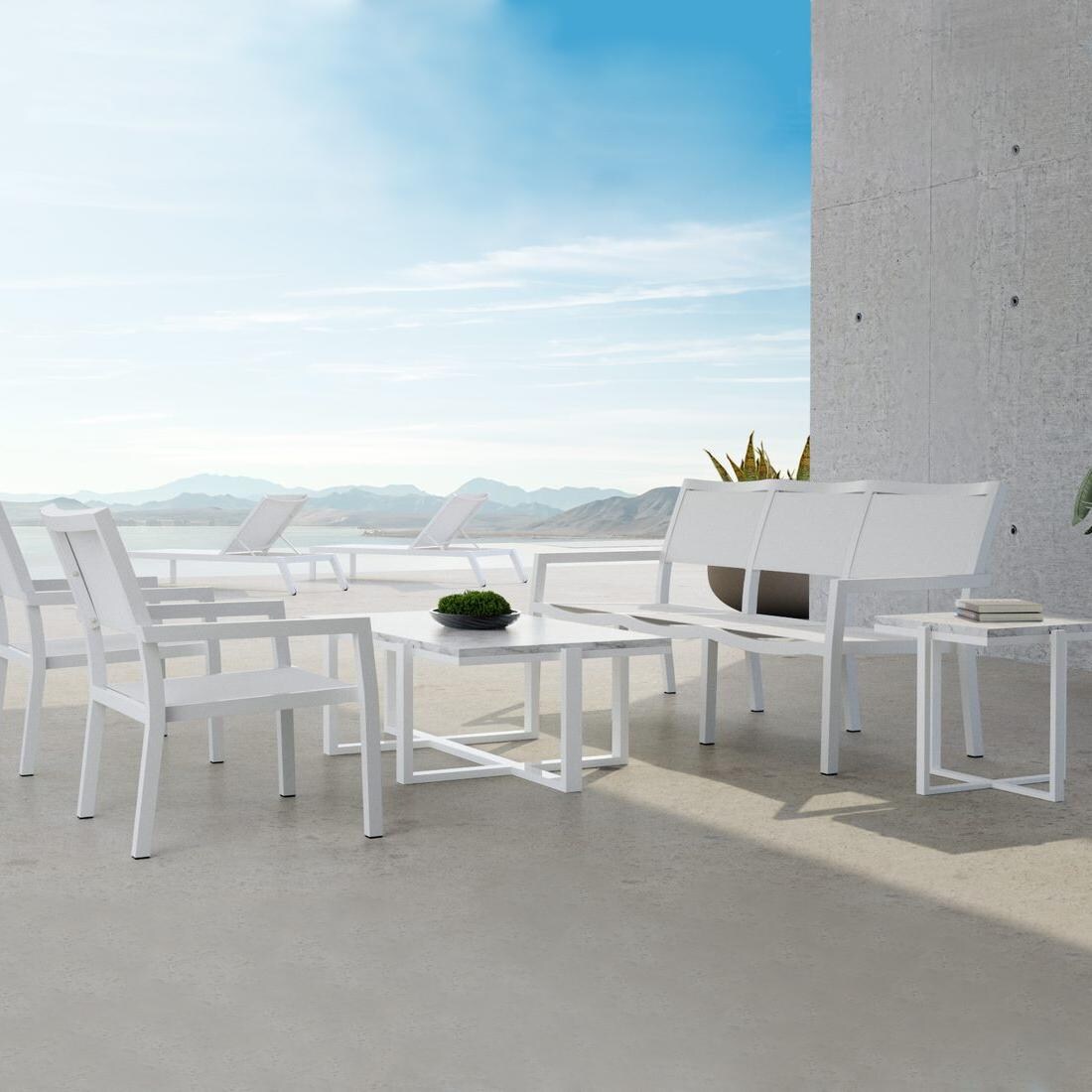 Sunset West - Naples 5 Piece Aluminum Patio Sling Conversation Set W/ Coffee Table, End Table & Phifertex Frost Sling thumbnail