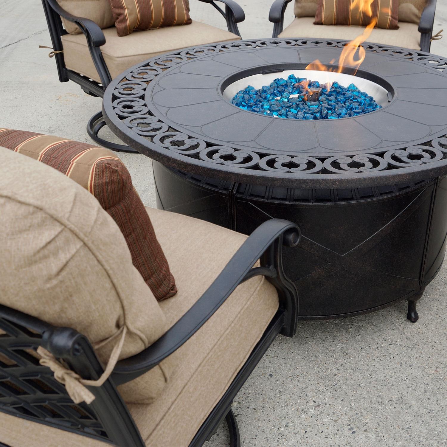 Darlee Nassau 5-Piece Patio Propane Fire Pit Rocker Club Conversation Set with Cushions and 47 Inch Round Fire Pit Chat Table and Fireglass - Chair Up Close - Lifestyle thumbnail