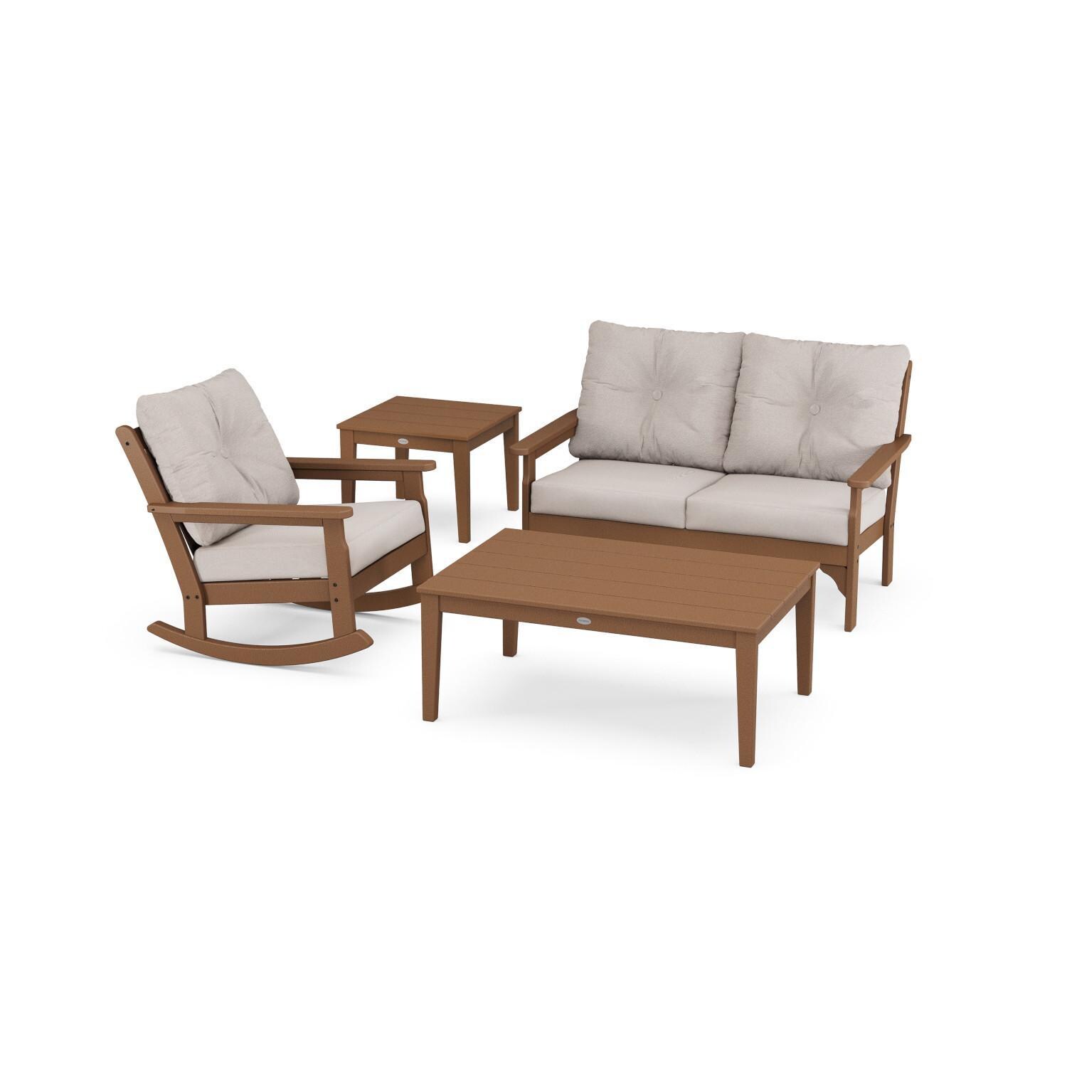 Vineyard 4 Pc Recycled Plastic Seating Set w/ Rocking Chair in Teak/Dune Burlap by POLYWOOD