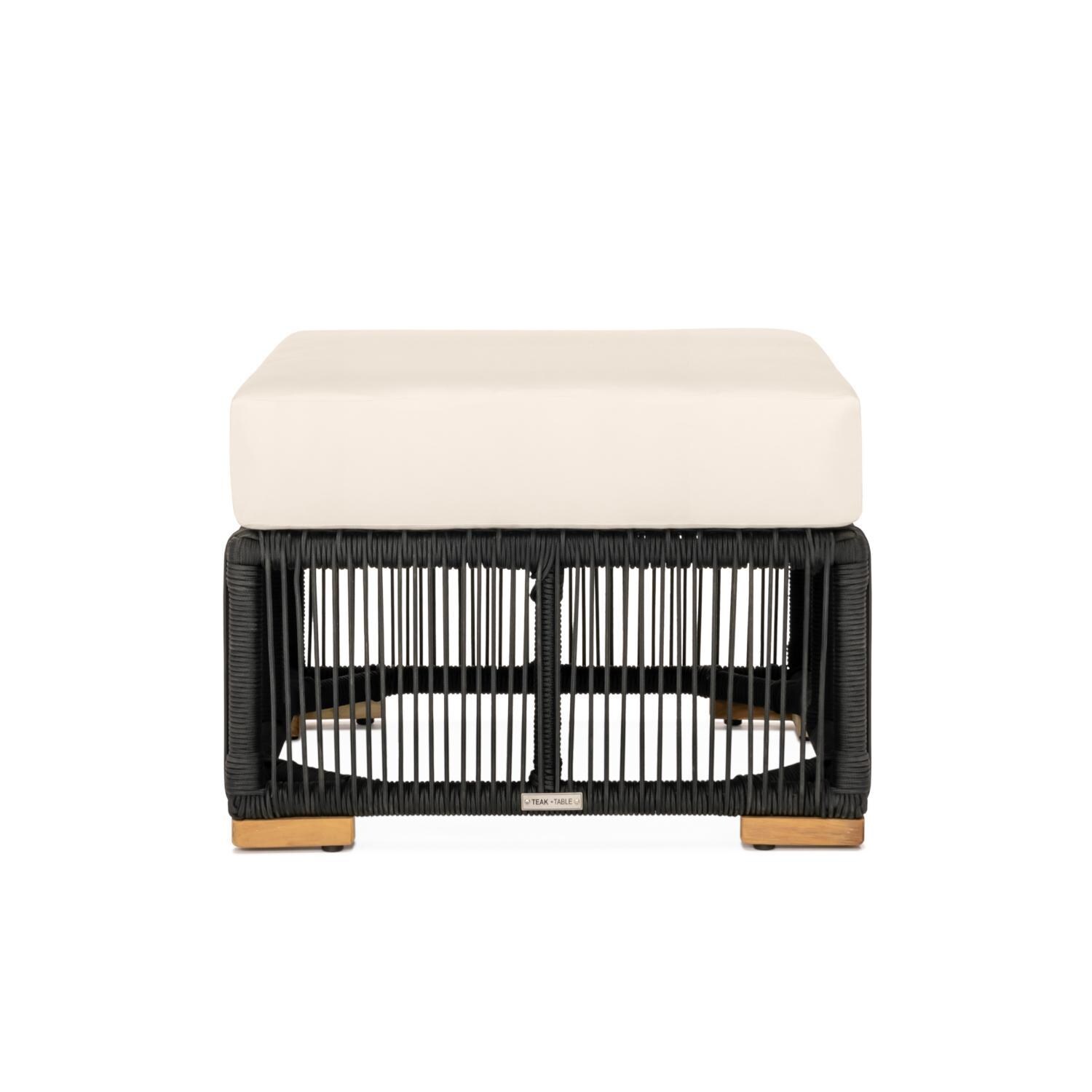Teak + Table Breeze Olefin Rope & Teak Patio Ottoman in Charcoal/Sand - White Background thumbnail