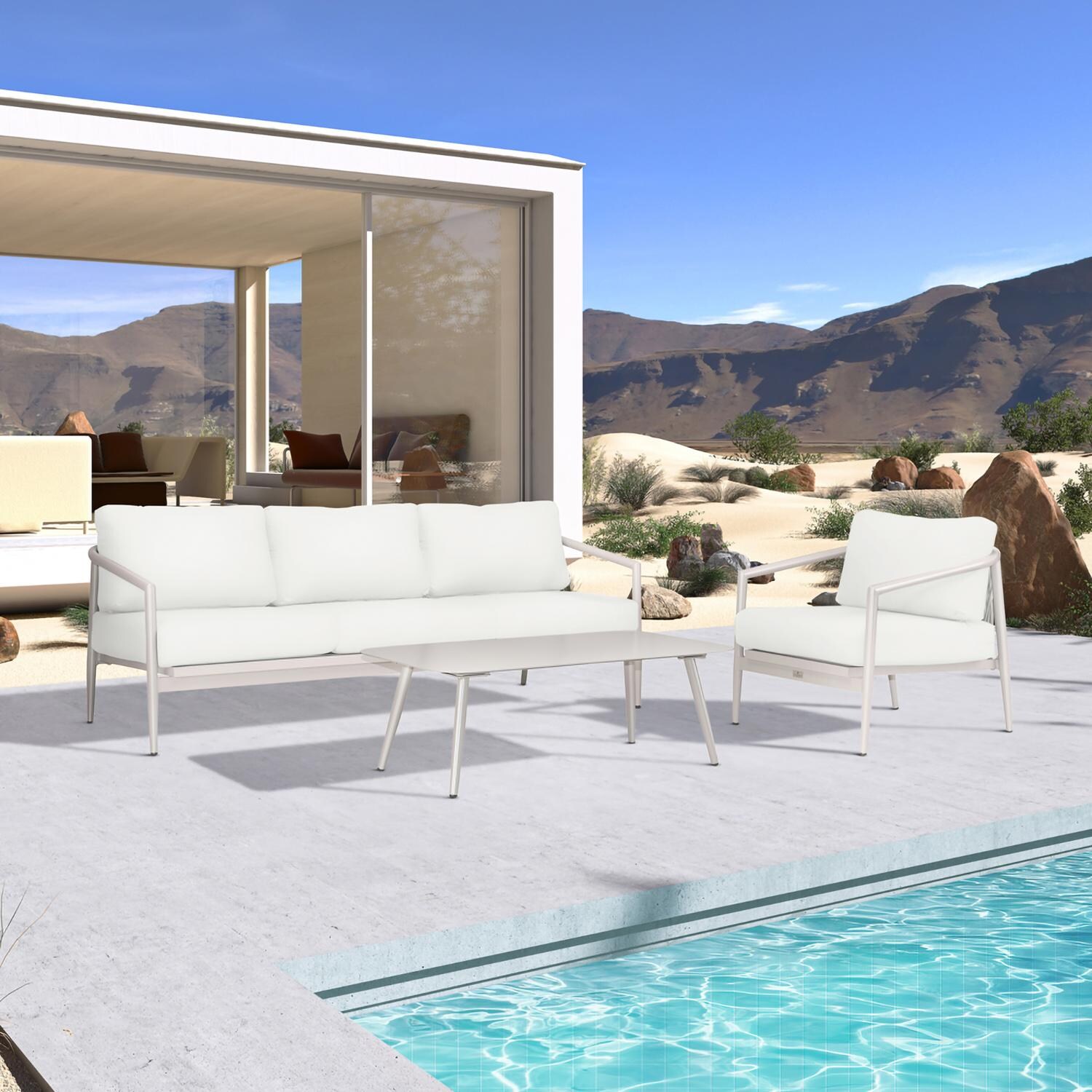 Lakeview Midnight Cove 3 Pc Aluminum Sofa Seating Set in Urban Stone/Carrera/Canvas Natural - Angled - Lifestyle thumbnail