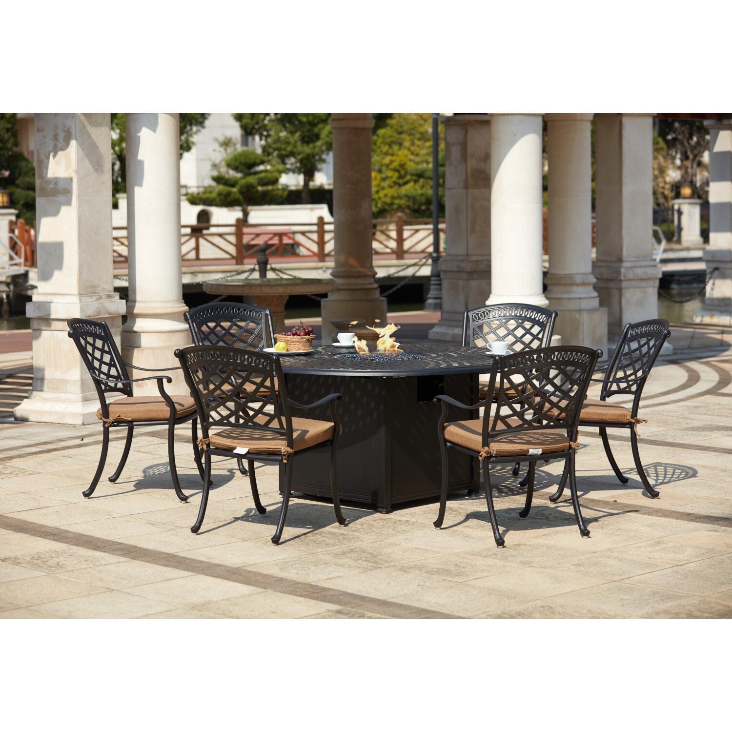 Darlee 201030-7PC-60GD Sedona 7 Piece Cast Aluminum Patio Fire Pit Dining Set W/ 60 Inch Round Table & Sesame Cushions - Lifestyle thumbnail