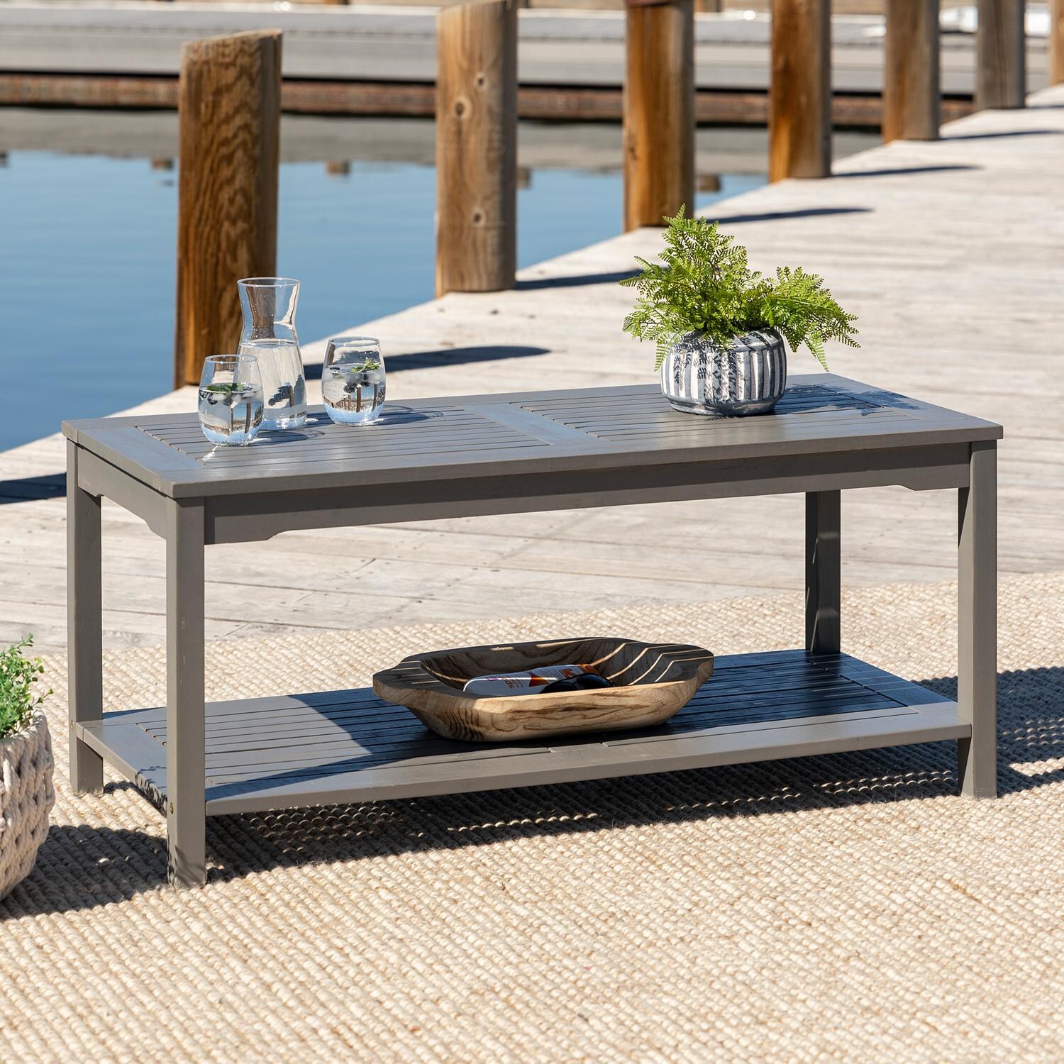Walker Edison Midland 47 X 20 Inch Rectangular Acacia Patio Coffee Table - Grey Wash image
