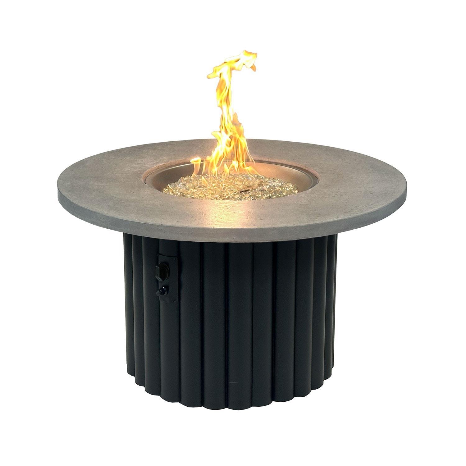 Reverie REVRBL-42-K 42-in Round Gas Fire Pit Table w/ Relic Grey Supercast Top & Black Base - Flame On - White Background thumbnail