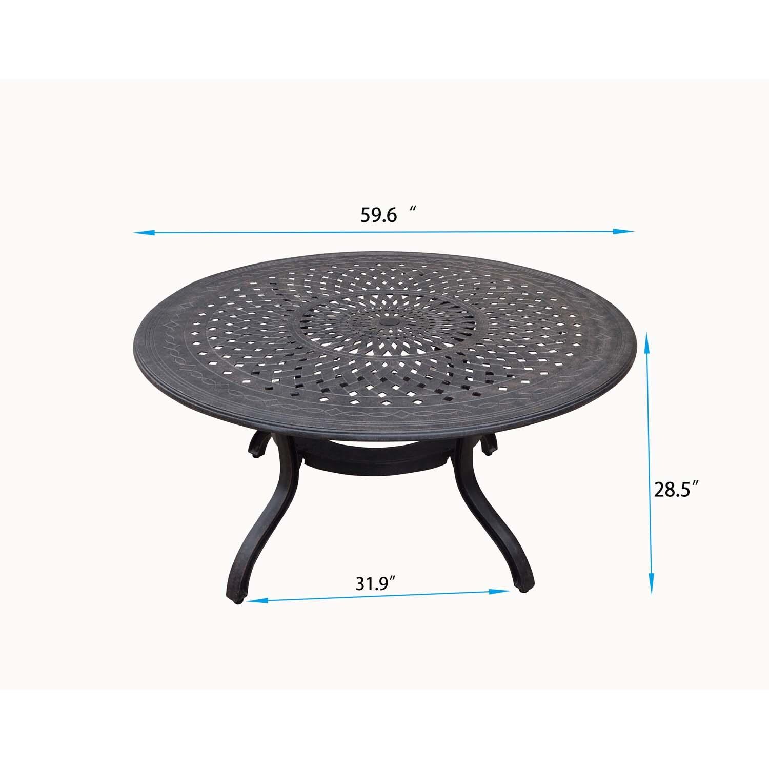 Palm Springs 7 Pc Aluminum Dining Set w/ Round Dining Table in Antique Bronze/Beige by Darlee - Table - Dimensional thumbnail