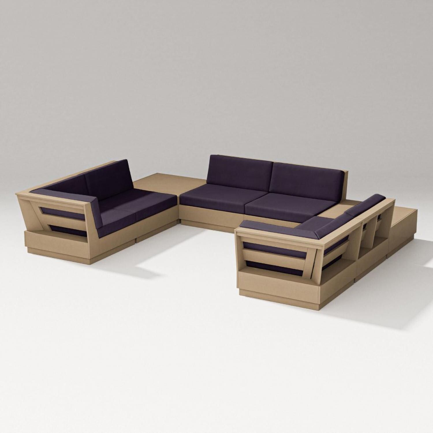 Elevate 8 Pc U-shaped Recycled Plastic Sectional Seating Set in Vintage Sahara/Navy Linen By PW Designer Series - Set - White Background thumbnail