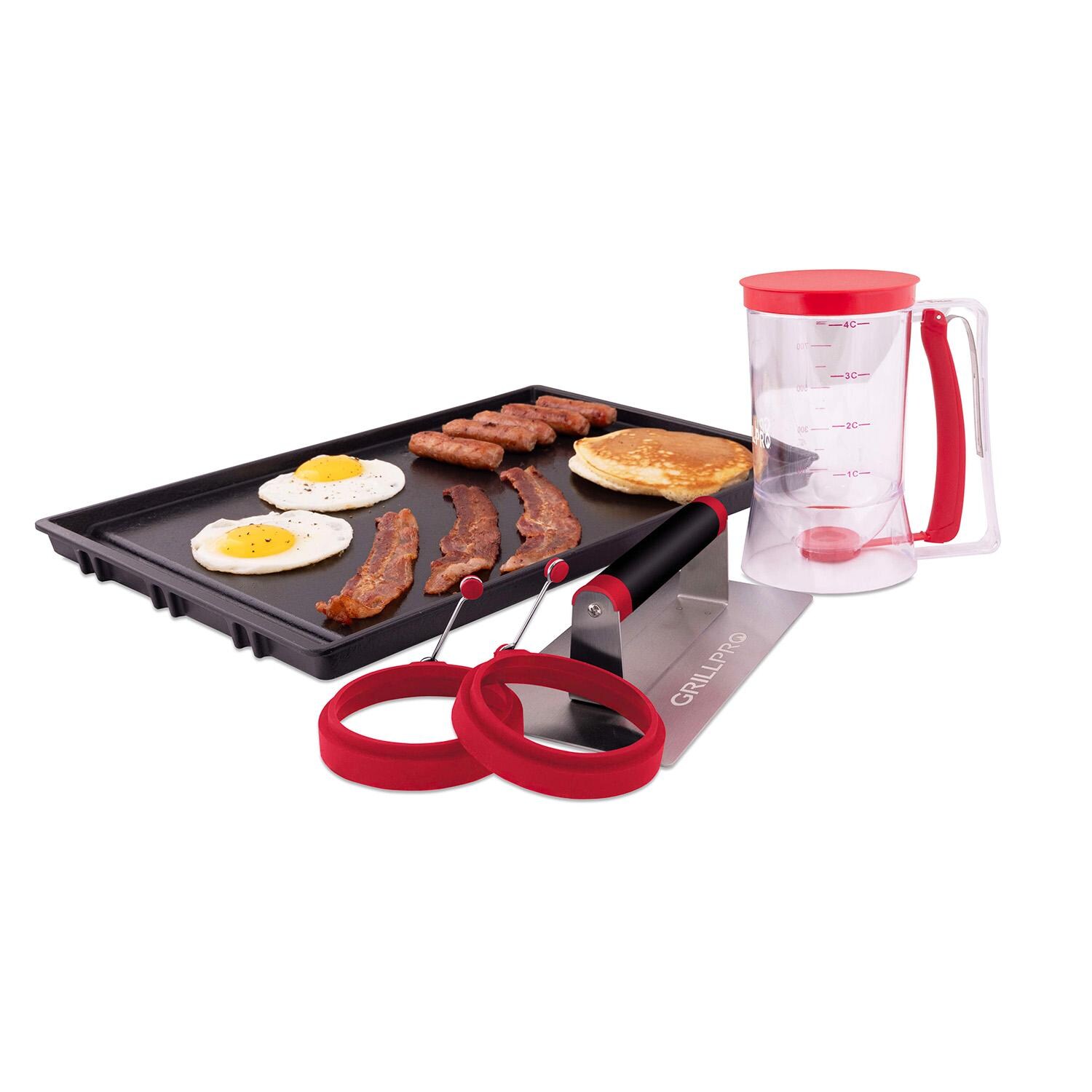 GrillPro Griddle Kit w/ Batter Dispenser, 2 Egg Rings & Stainless Steel Press - 91204 - With Food - White Background thumbnail