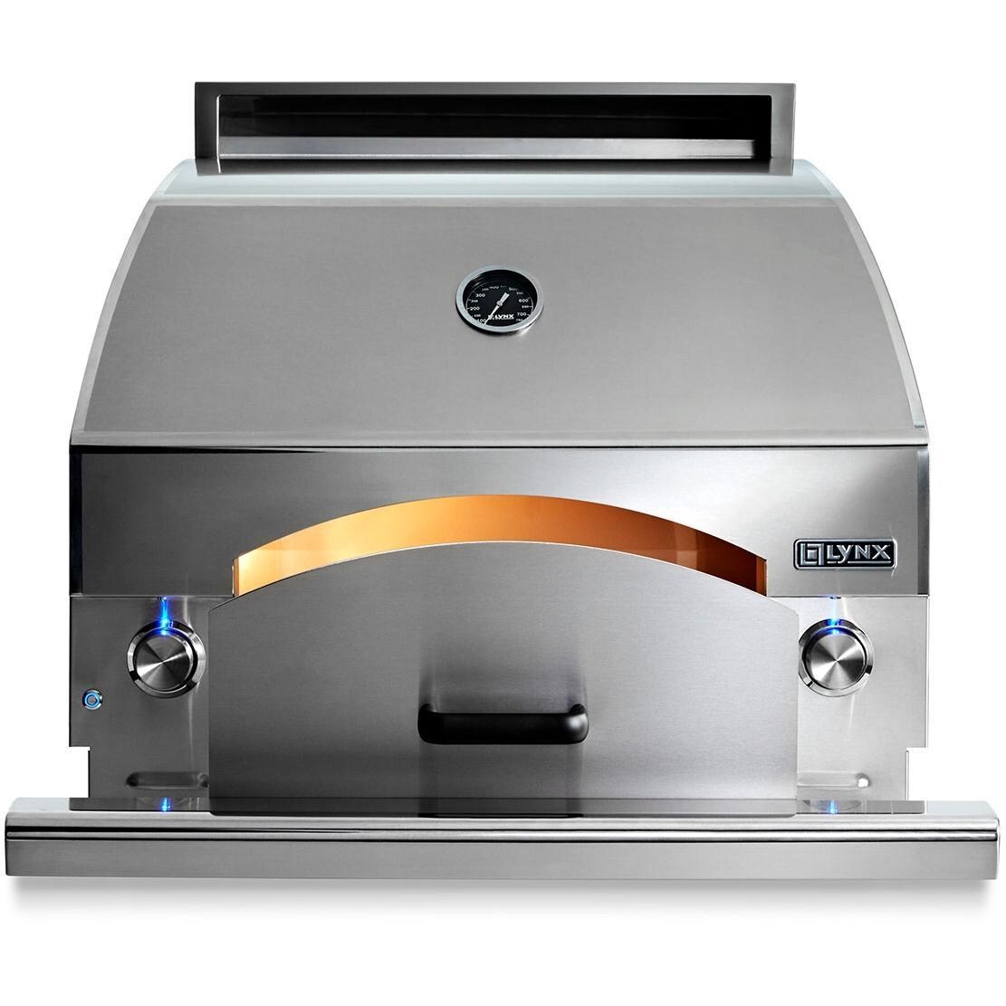 Lynx LPZA-NG Professional Napoli 30-Inch Built-In / Counter Top Natural Gas Outdoor Pizza Oven - Front View - Drawer Open W/ Lights On - White Background thumbnail