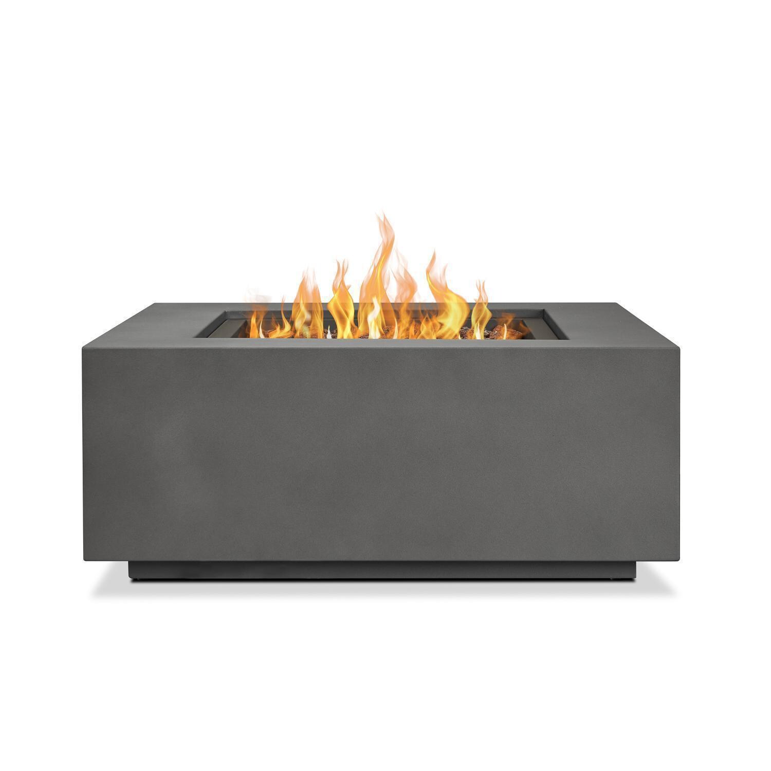 Elysian 4 Pc Powder Coated Steel 36 Inch Square Fire Pit in Weathered Slate by Lakeview - Burner Lit - White Background thumbnail