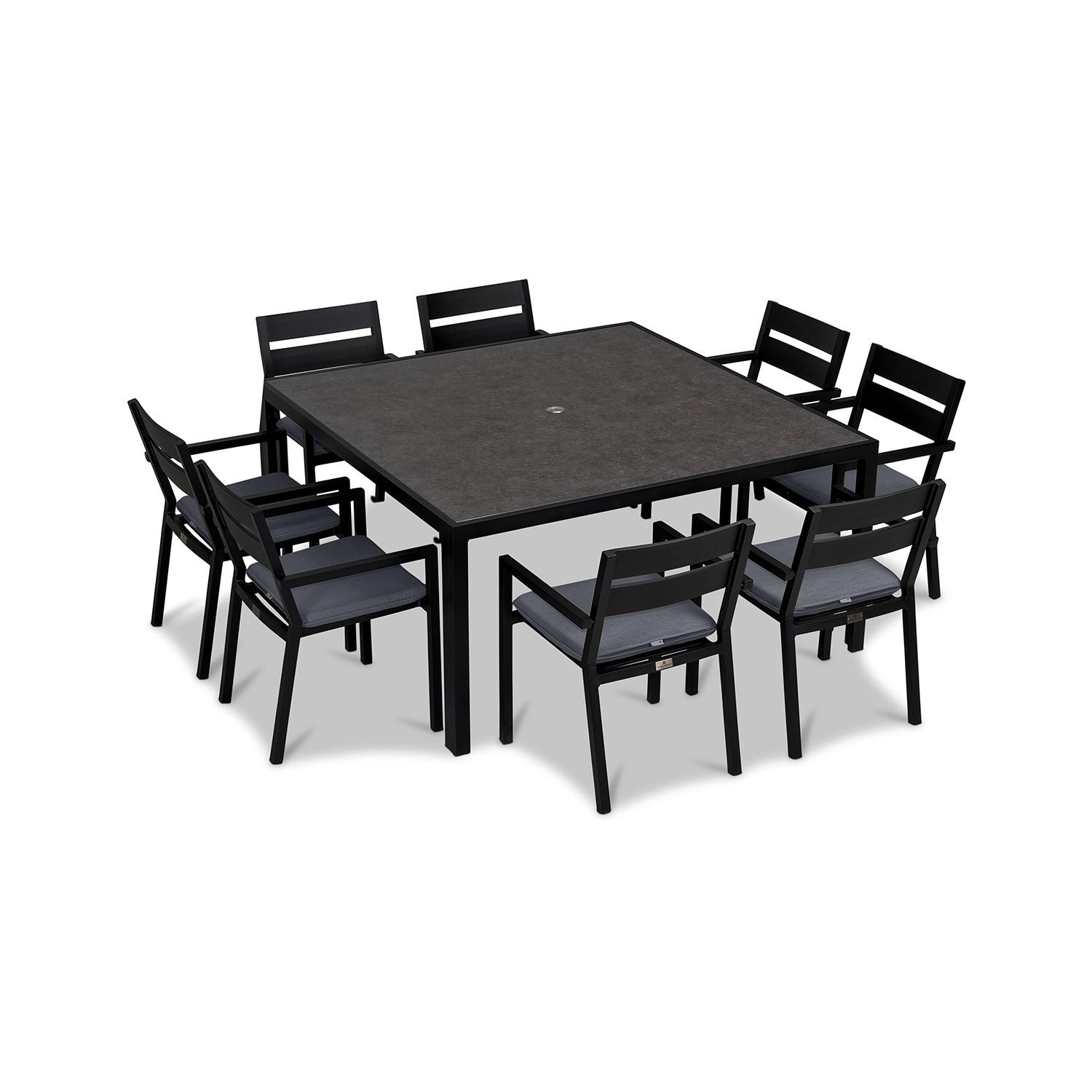 Lakeview Outdoor Designs Calm Bay 9 Pc Square Aluminum Dining Set in Black/Canvas Charcoal by - CALM-BK-9SDS-CC