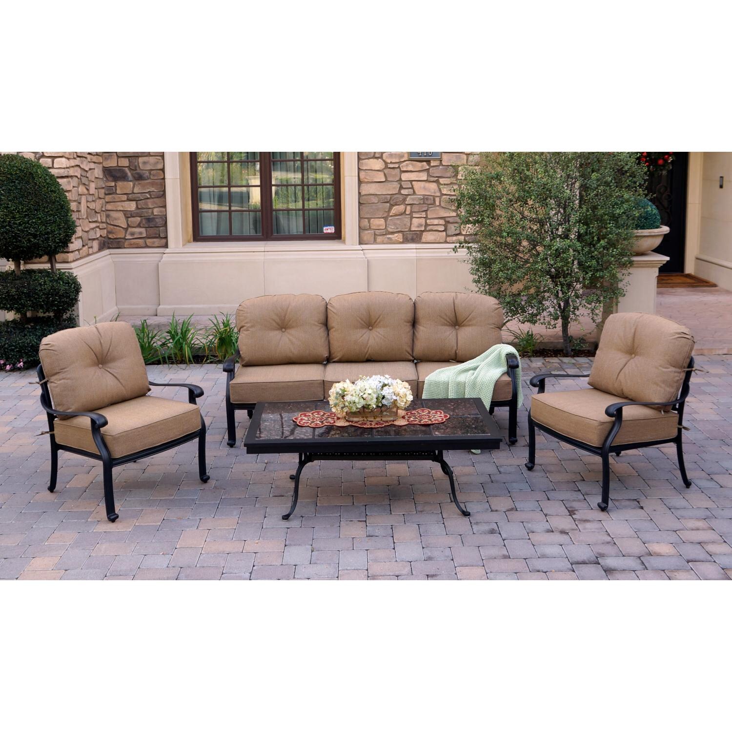 Darlee DL708-4PCS-77B Elisabeth 4 Piece Cast Aluminum Patio Conversation Set W/ Mocha Granite Top Coffee Table & Sesame Cushions - Lifestyle thumbnail