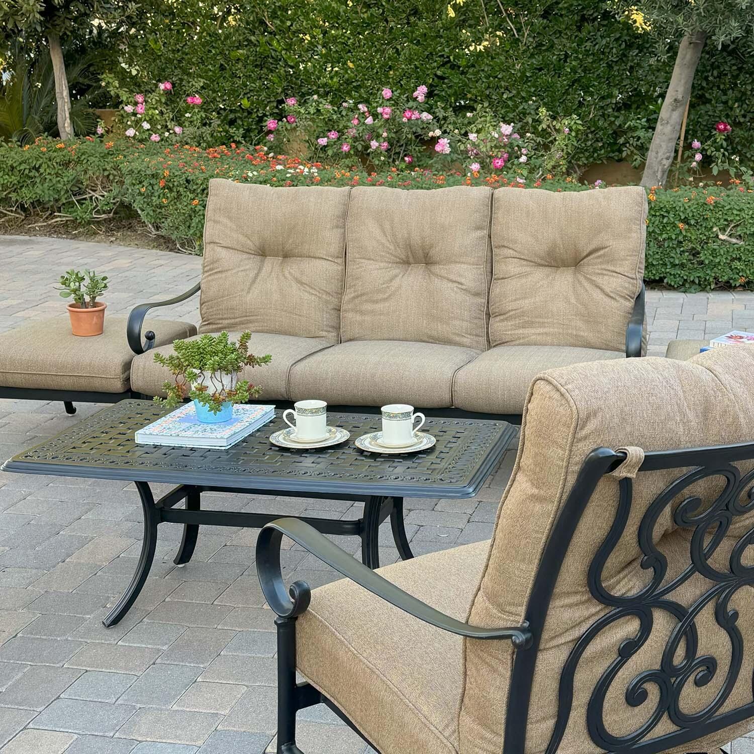 Santa Anita 6 Pc Cast Aluminum Seating Set w/ Swivel Rockers in Antique Bronze/Sesame by Darlee - Close Up - Detail thumbnail