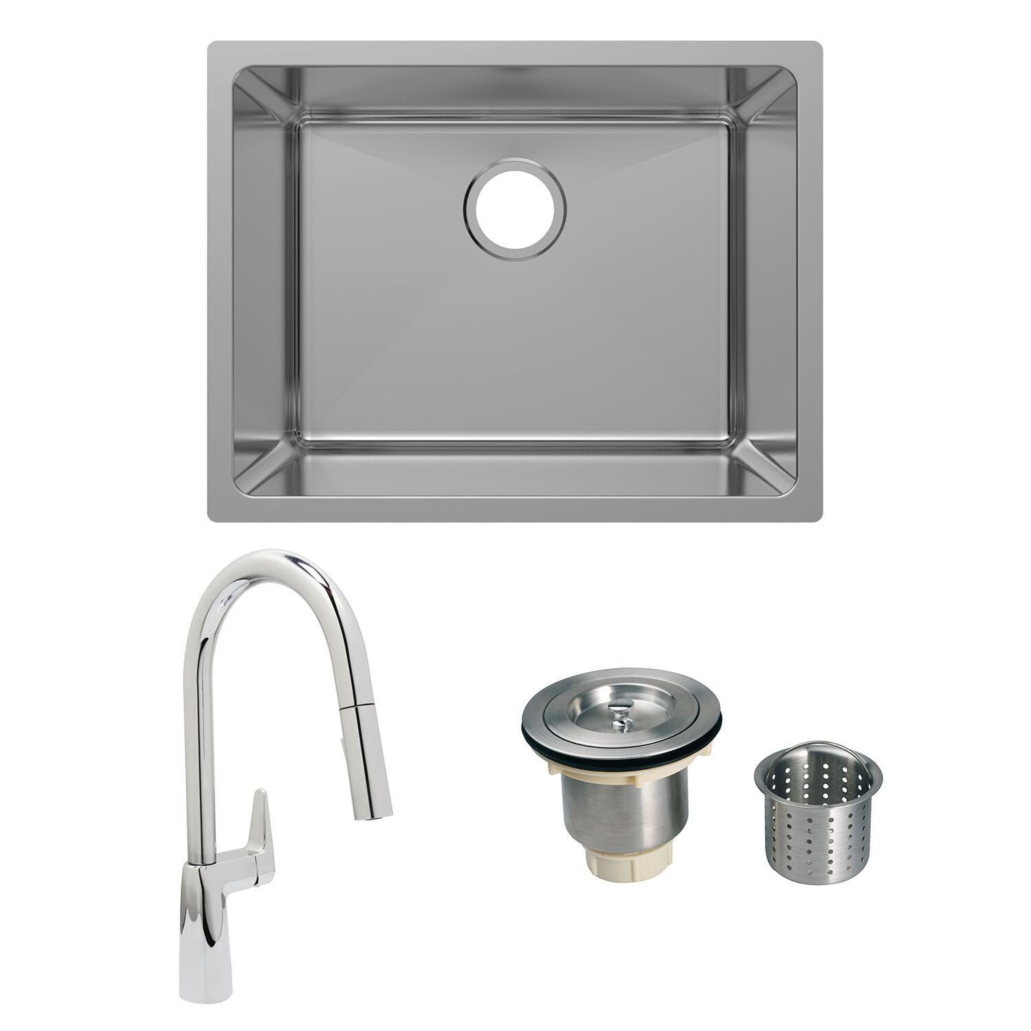 Huntington Brass MP-2318 + GD-150 + HBK1983201-YU + LI-XD Metroplace 23 X 18 Stainless Steel Outdoor Sink with Huntington Brass Dual Spray 15.75 Inch High Pull Down Faucet, Grid and Strainer Basket - Bundle - White Background thumbnail