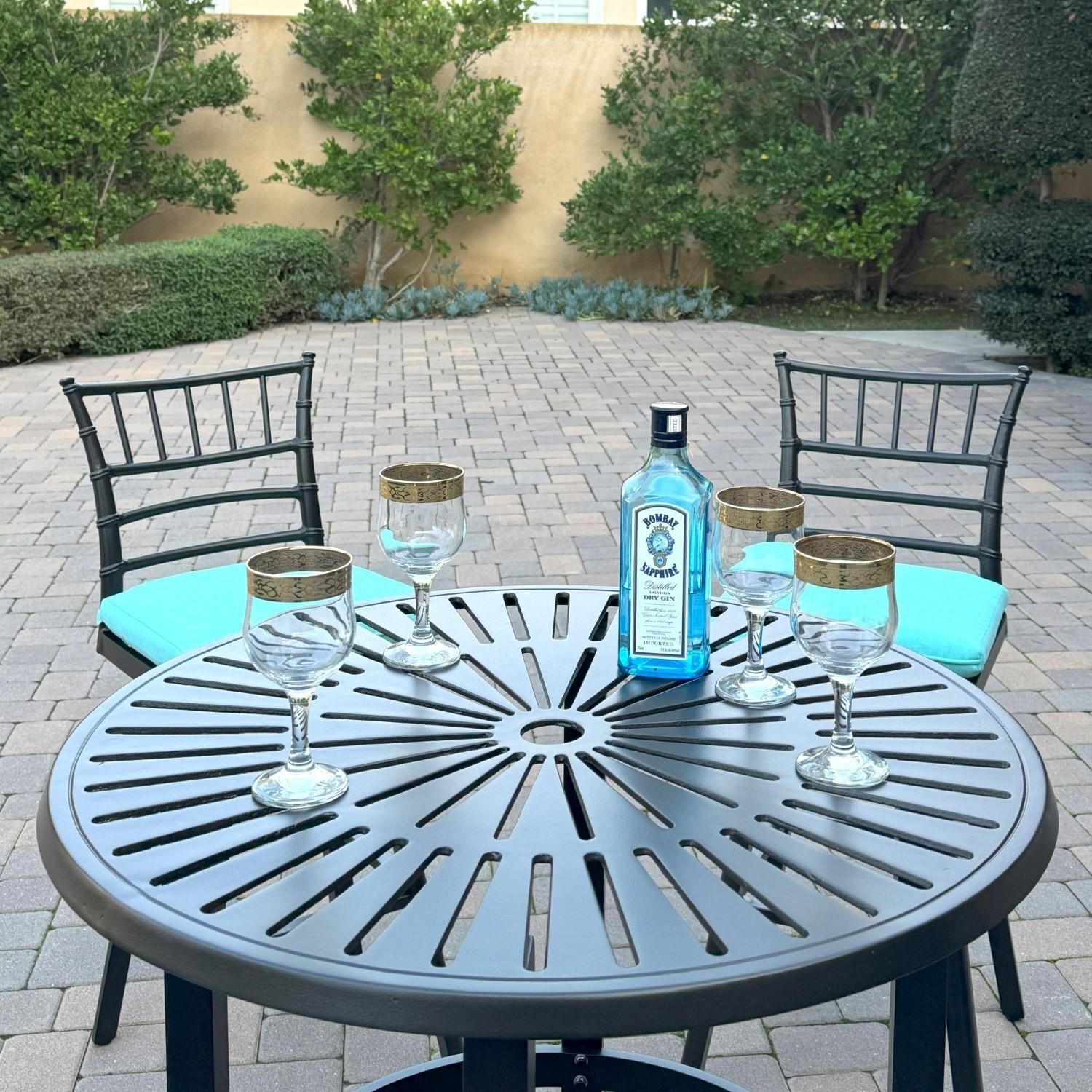 Bella 5 Pc Aluminum Swivel Bar Height Bar Set in Blue/Dark Brown by Darlee - 2 Chairs at Table - Lifestyle thumbnail