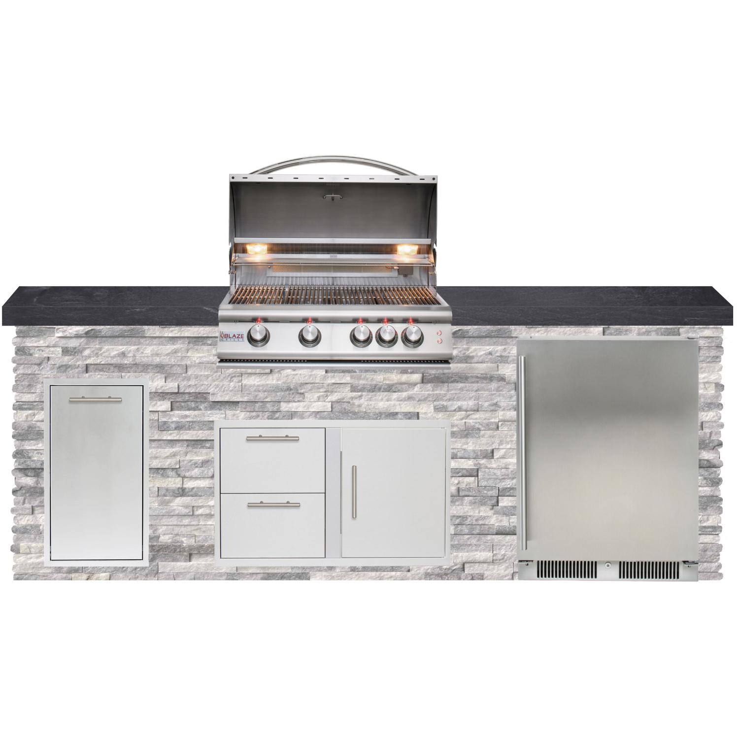 BBQGuys Signature 8ft Luxury Outdoor Island W/ Blaze Premium LTE 32-Inch Natural Gas Grill & Outdoor Rated Refrigerator - Alaska Gray Stone W/ Black Polished Granite