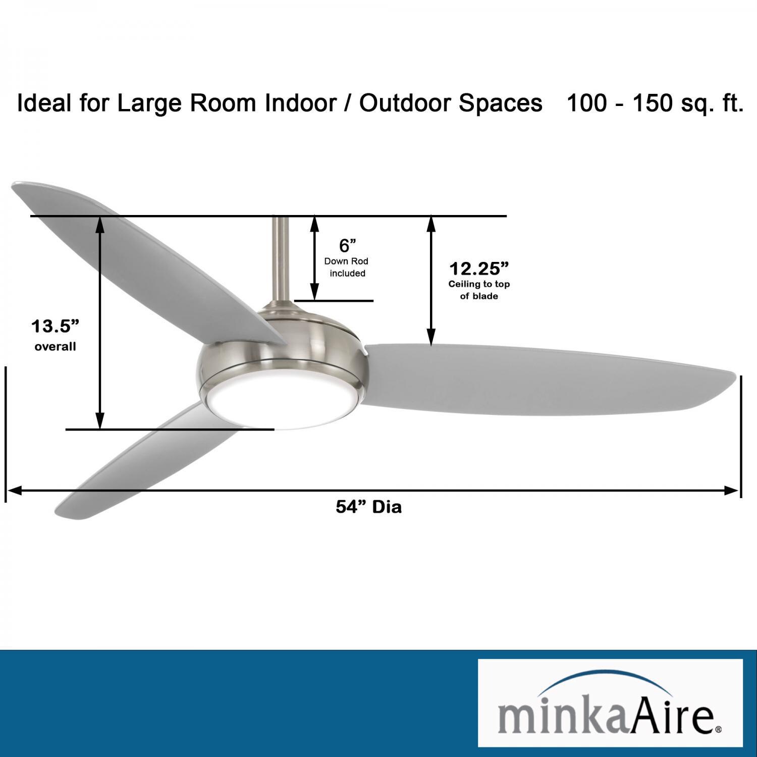 Minka-Aire F465L-BNW Concept IV 54-Inch 3-Blade LED Smart Ceiling Fan in Brushed Nickel Wet Finish w/ Silver Blades & Etched Opal Glass - Dimensions thumbnail