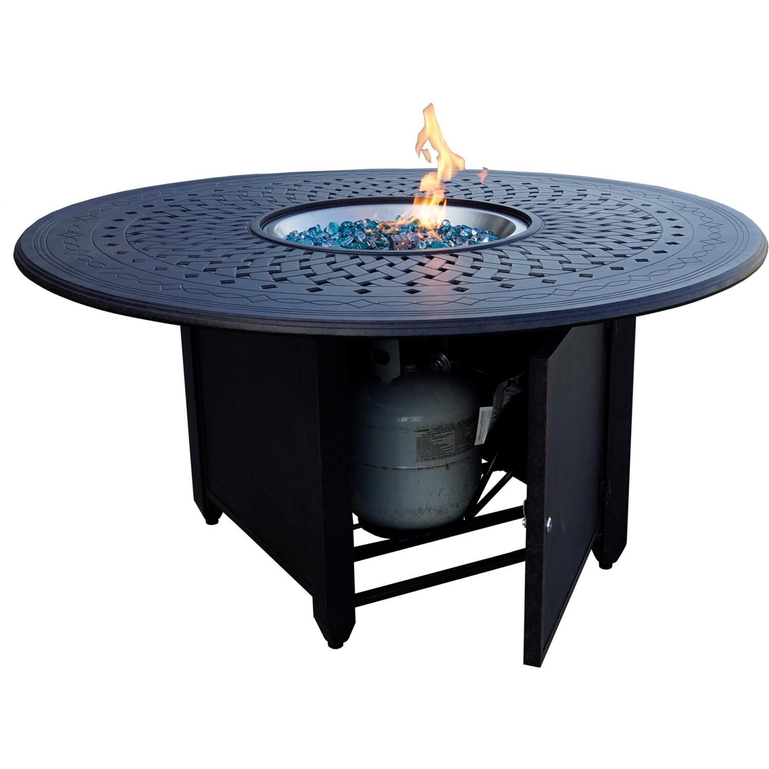 Darlee Elisabeth 7 Pc Cast Aluminum Fire Pit Dining Set w/ 60 Inch Round Table in Antique Bronze/Beige - Table w/ Propane Storage - White Background thumbnail