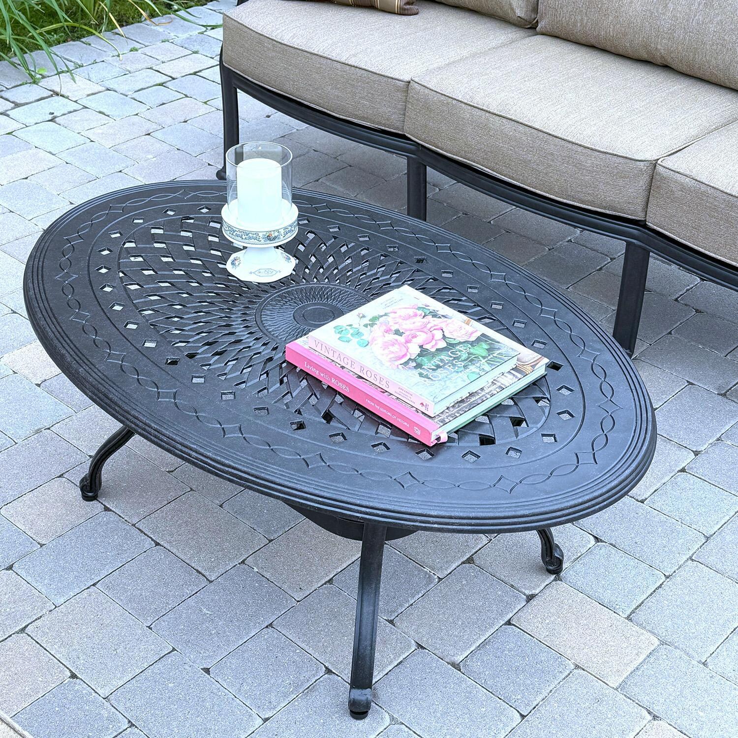 Darlee Elisabeth 3 Pc Cast Aluminum Seating Set w/ 46 X 31 Inch Oval Table & Throw Pillows in Antique Bronze/Beige - Table From Above - Lifestyle thumbnail