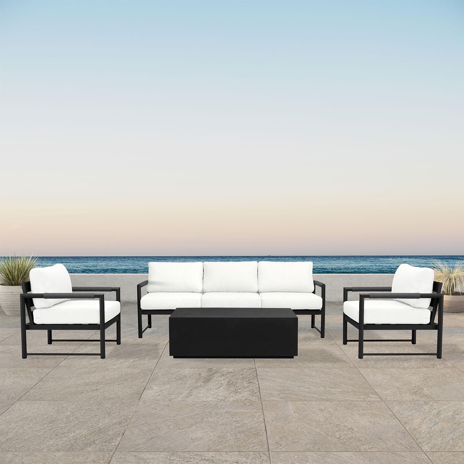 Lakeview AVEBAY-BK-CO-SET135-CN Avenue Bay Black/Carbon 4 Pc Sofa Set - Canvas Natural - On Patio - Lifestyle thumbnail