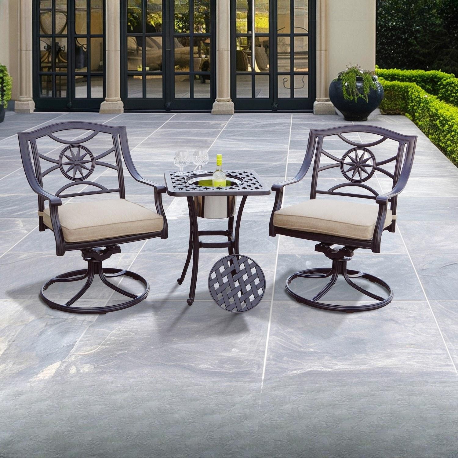 Darlee Ten Star 3 Pc Cast Aluminum Bistro Set w/ 25 Inch Series 30 Ice Bucket End Table & in Antique Bronze/Beige Canvas by - B/DL503-3PC-30SQ