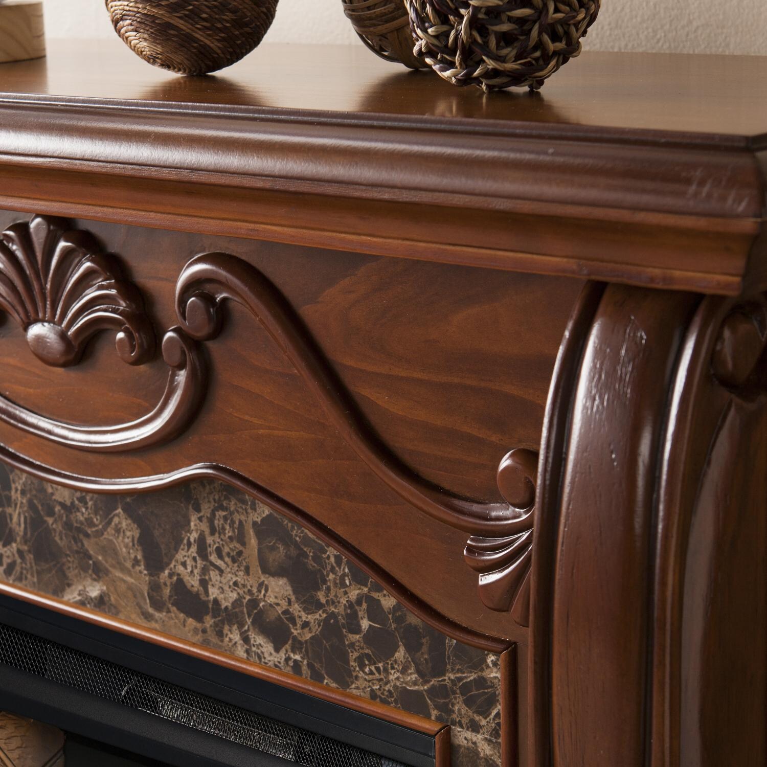 Southern Enterprises FS9664 Cardona 45-Inch Electric Fireplace W/ Alexa-Enabled Smart Firebox - Walnut W/ Faux Marble Surround - Carving Detail thumbnail