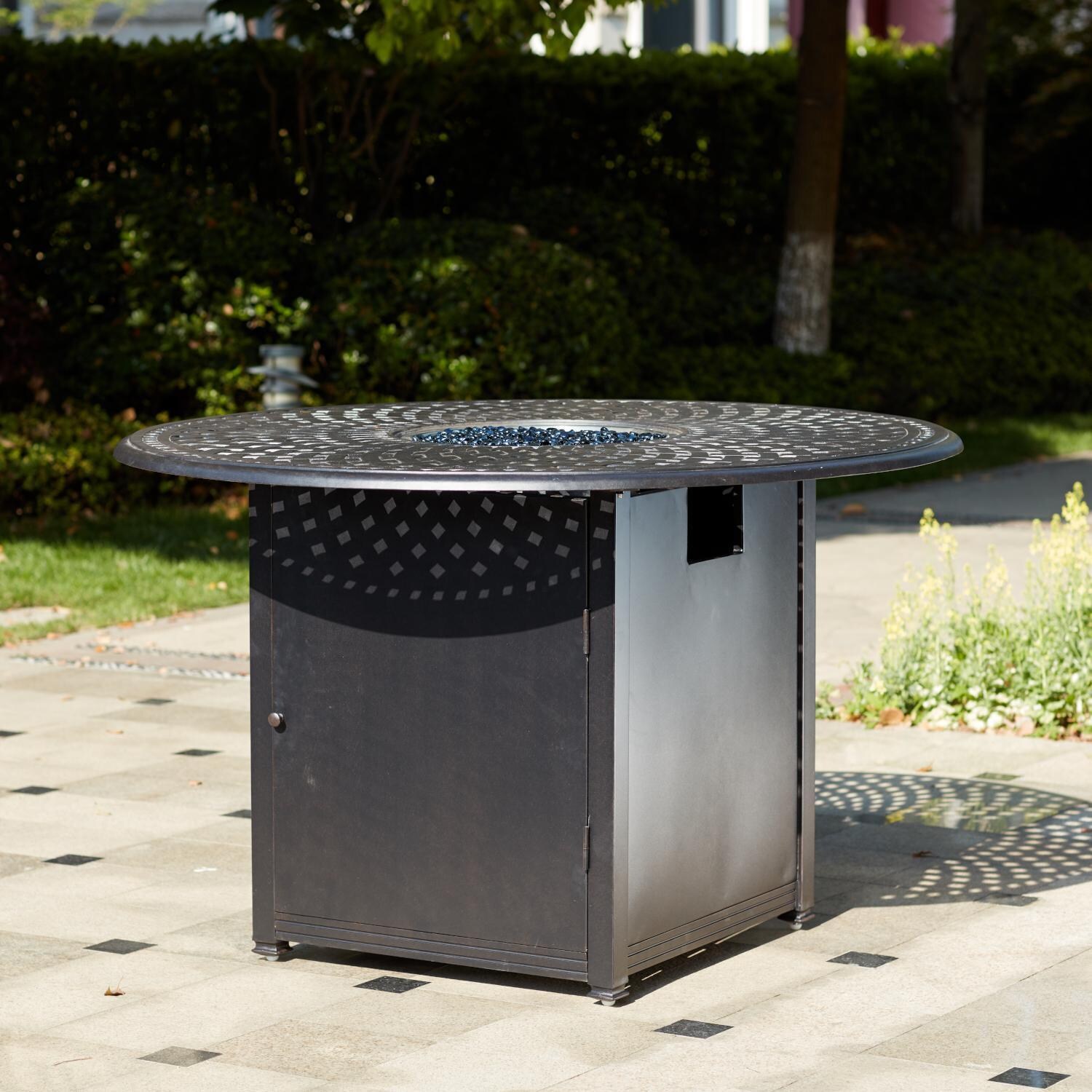 Darlee 201010-7PC-60GHD Santa Barbara 7 Piece Cast Aluminum Patio Counter Height Fire Pit Bar Set W/ 60 Inch Round Table & Beige Canvas Cushions - Fire Pit Table thumbnail
