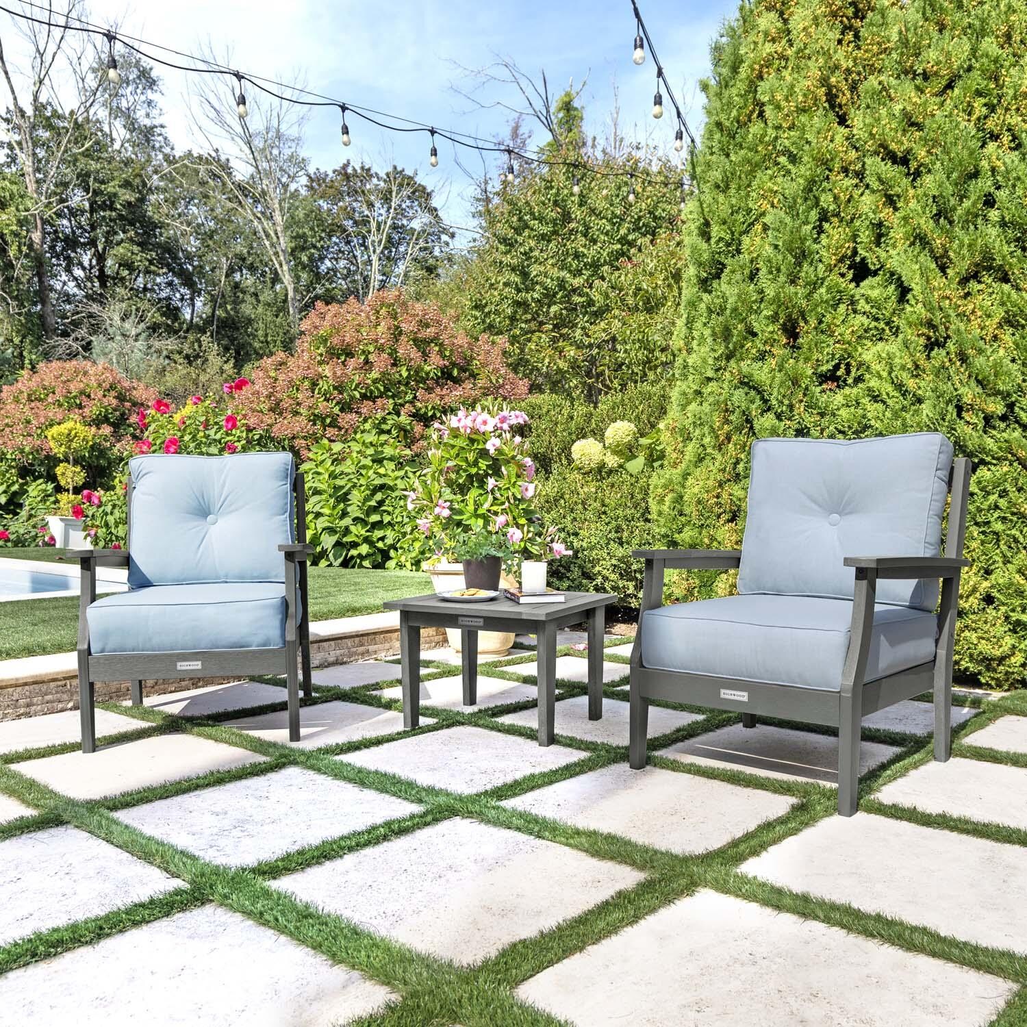 Blushing Bay 3 Pc Recycled Plastic Seating Set in Bliss Dew/Coastal Teak by Lakeview Outdoor Designs - Angled Right - Lifestyle thumbnail