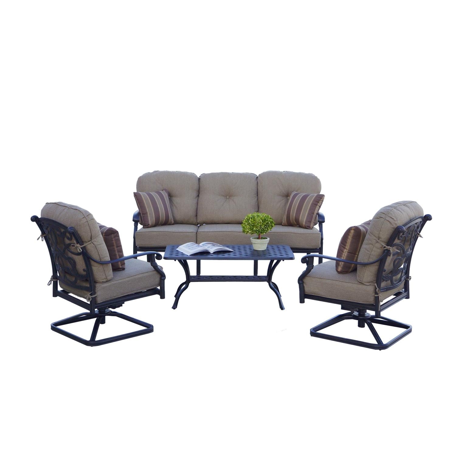 Darlee Santa Monica 4 Pc Cast Aluminum Seating Set w/ 42 X 21 Inch Table w/ Swivel Rockers & Throw Pillows in Antique Bronze/Beige Canvas by