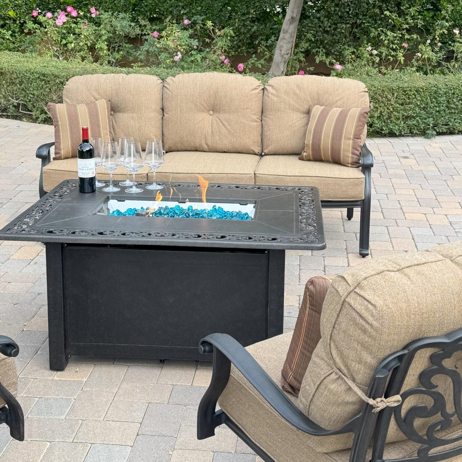 Elisabeth 6 Pc Set Cast Aluminum Seating Set w/ 49 X 35 Inch Fire Pit Table w/ 2 Chairs and 2 Ottomans in Sesame/Antique Bronze by Darlee - Close Up - Lifestyle thumbnail
