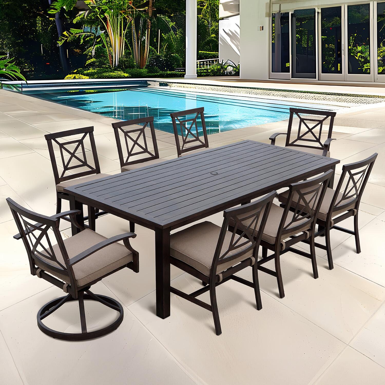 Atlantis 9 Pc Aluminum Dining Set w/ 88 Inch Table, Swivel Rockers, and Beige Cushions in Walnut By Darlee - Lifestyle thumbnail