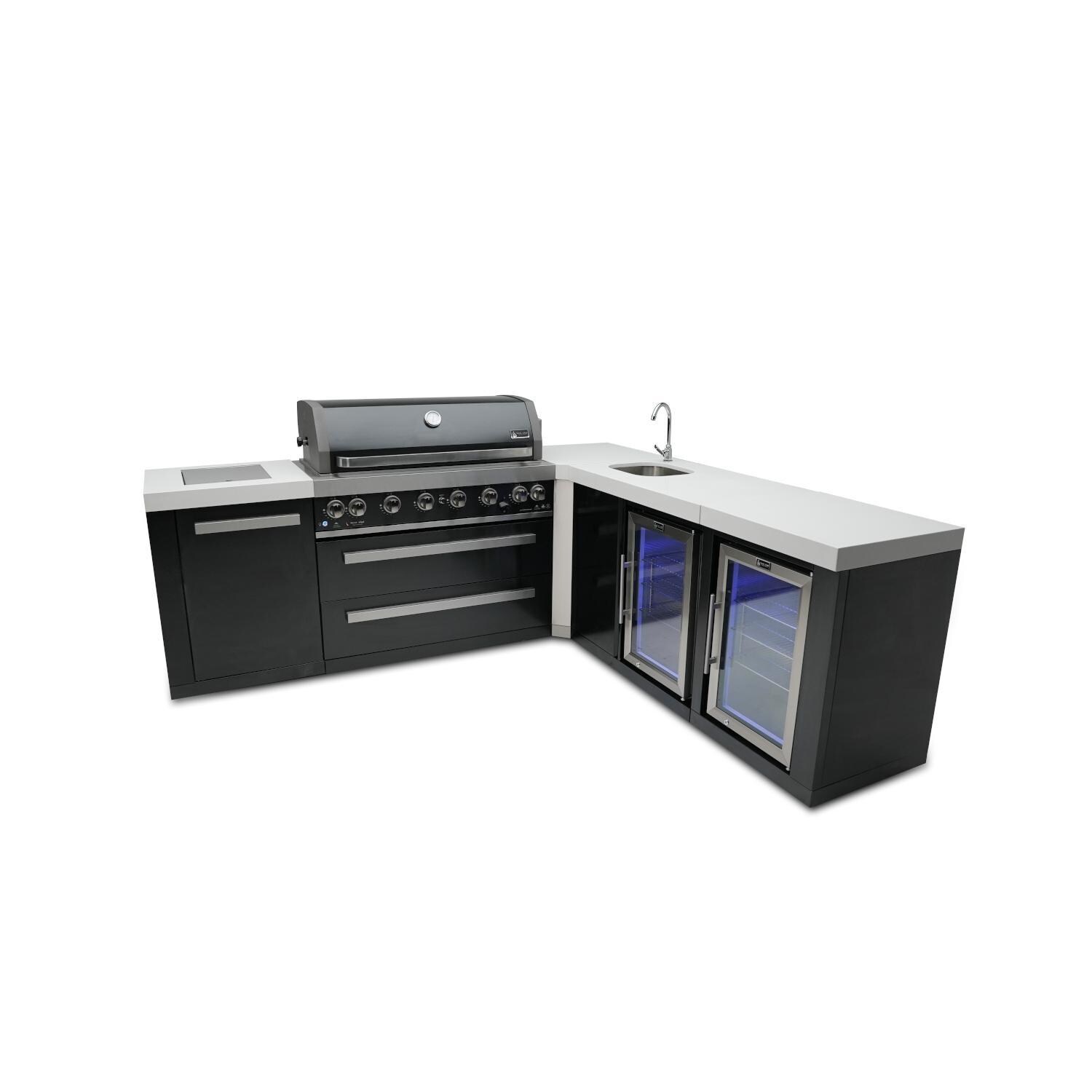 Mont Alpi Black Series 8 Ft L-Shaped Propane Outdoor Kitchen Island w/ Side Burner, Fridge, & Beverage Center- MAi805-BSS90BEVFC