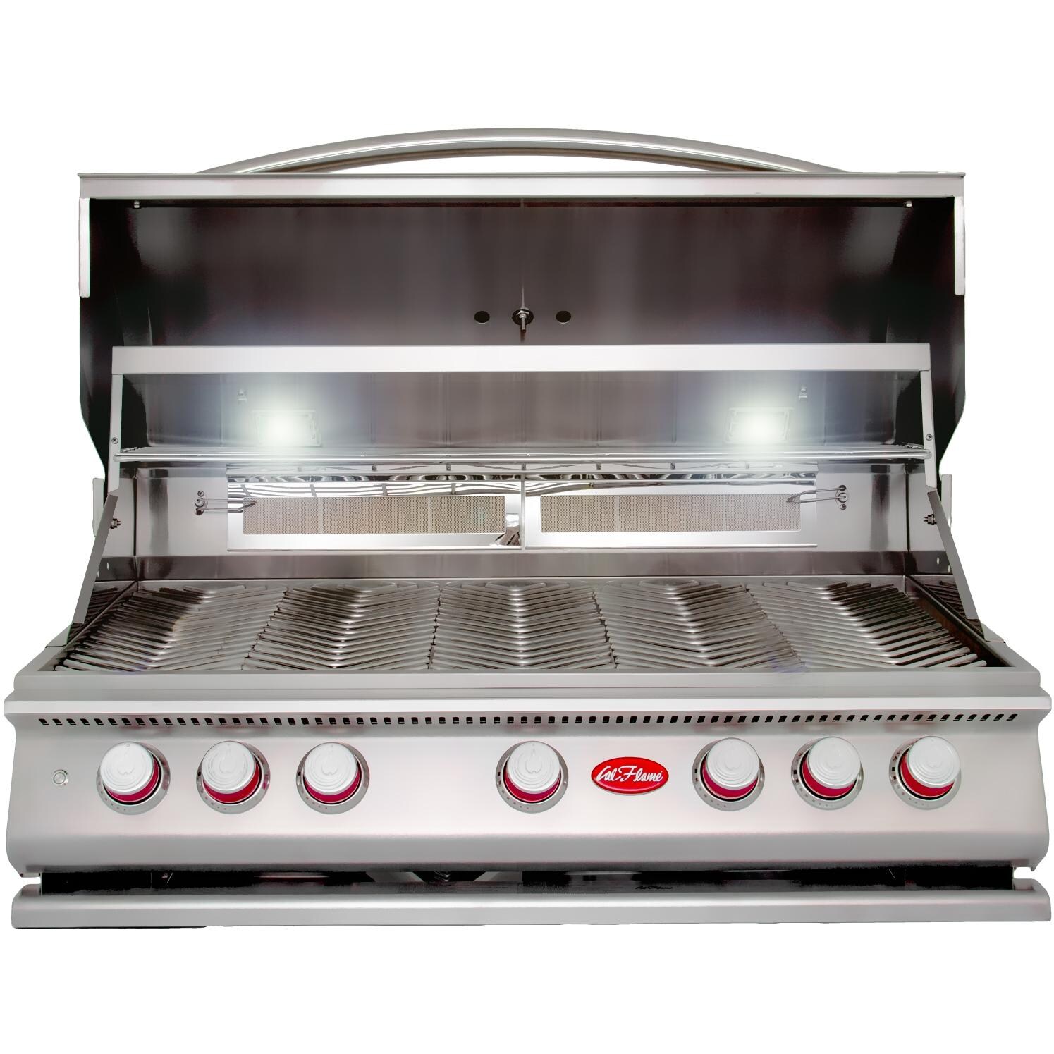 Cal Flame P5 5 Burner Built-In Propane Gas Grill - Lid Open With Lights On thumbnail