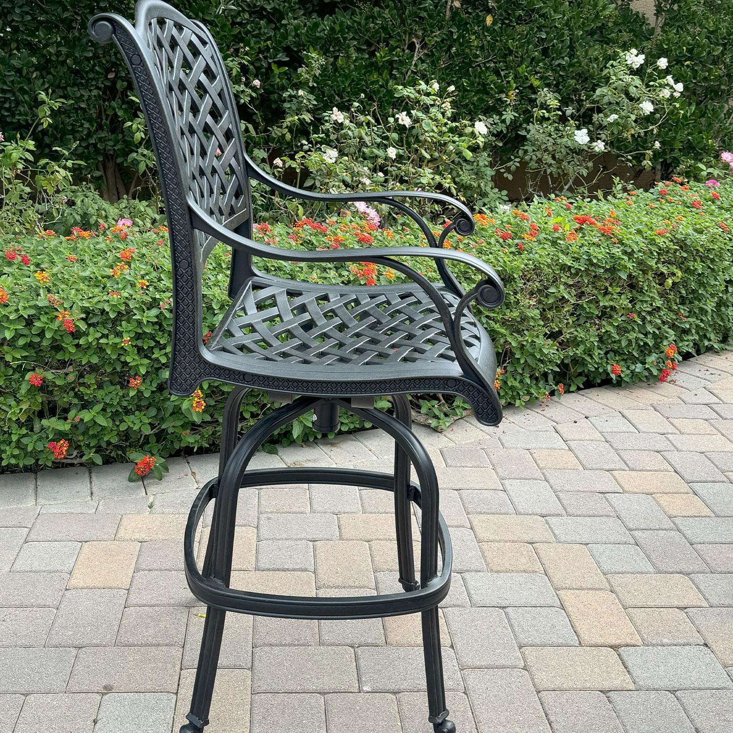 Nassau Cast Aluminum 4 Pc Set Swivel Bar Stool Set in Antique Bronze/Sky Blue by Darlee - Left Side - Shown W/ No Cushion - Lifestyle thumbnail