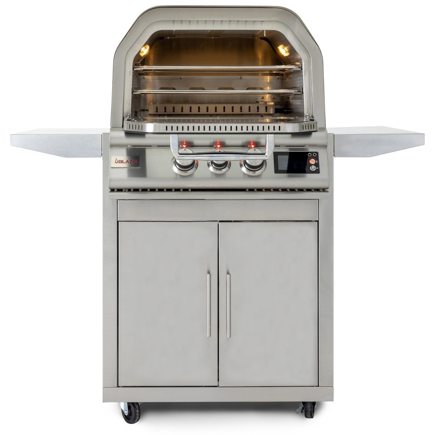 Blaze BLZ-26-PZOVN-NG 26-Inch Freestanding Natural Gas Outdoor Oven W/ Rotisserie & Cart - Door Open - White Background thumbnail